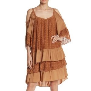 Lola Made In Italy Ruffled Lace Cold Shoulder Dres